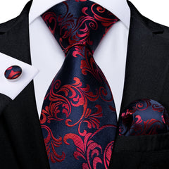 Luxury Red Floral Blue Silk Ties For Men 8cm Wide Necktie Set Pocket Square Cufflinks Brooch Pin Wedding Accessories Men's Gift