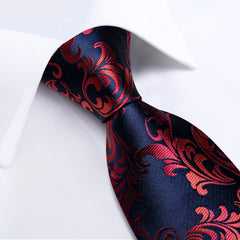 Luxury Red Floral Blue Silk Ties For Men 8cm Wide Necktie Set Pocket Square Cufflinks Brooch Pin Wedding Accessories Men's Gift