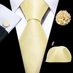 Barry.Wang Solid Silk Mens Tie Hankerchief Cufflinks Brooch Set Jacquard Plain Necktie Corsage For Male Wedding Party Events
