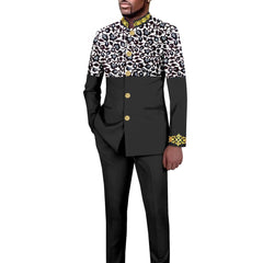 Tailored Men's Suit Solid Color Single Breasted Stand Collar Long Blazer African Style 2 Piece Jacket Trousers Mens Clothes Men