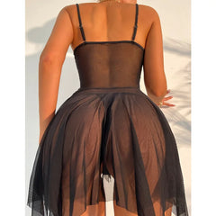 Sexy Lingerie Women Black Sleepwear Pajamas See Through Dress Sexiest Nighties Sex Nightgown Erotic Deep V Sleepdress Thong Set