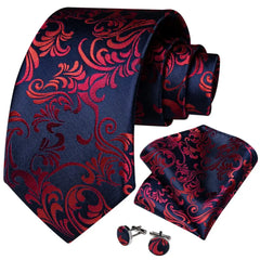 Luxury Red Floral Blue Silk Ties For Men 8cm Wide Necktie Set Pocket Square Cufflinks Brooch Pin Wedding Accessories Men's Gift