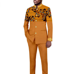 Tailored Men's Suit Solid Color Single Breasted Stand Collar Long Blazer African Style 2 Piece Jacket Trousers Mens Clothes Men