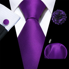Barry.Wang Solid Silk Mens Tie Hankerchief Cufflinks Brooch Set Jacquard Plain Necktie Corsage For Male Wedding Party Events