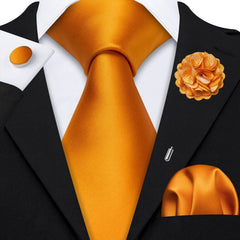 Barry.Wang Solid Silk Mens Tie Hankerchief Cufflinks Brooch Set Jacquard Plain Necktie Corsage For Male Wedding Party Events