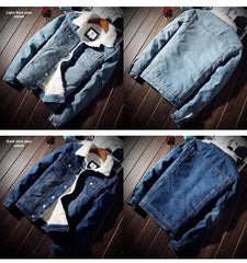Plus Size Winter Fleece-Lined Denim Jacket Men's Slimming Cotton Coat Top Thickened Sheep Fleece Lining Casual Scene Youth Outwe