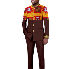 Tailored Men's Suit Solid Color Single Breasted Stand Collar Long Blazer African Style 2 Piece Jacket Trousers Mens Clothes Men