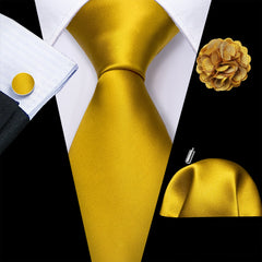 Barry.Wang Solid Silk Mens Tie Hankerchief Cufflinks Brooch Set Jacquard Plain Necktie Corsage For Male Wedding Party Events