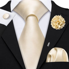 Barry.Wang Solid Silk Mens Tie Hankerchief Cufflinks Brooch Set Jacquard Plain Necktie Corsage For Male Wedding Party Events