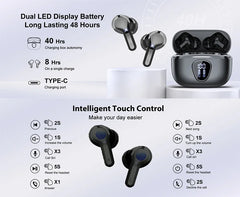 HiFi Wireless Earbuds BT5.3 – 48H Playtime, ENC Noise Cancelling, LED Display, IP7 Waterproof.