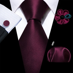 Barry.Wang Solid Silk Mens Tie Hankerchief Cufflinks Brooch Set Jacquard Plain Necktie Corsage For Male Wedding Party Events