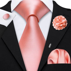 Barry.Wang Solid Silk Mens Tie Hankerchief Cufflinks Brooch Set Jacquard Plain Necktie Corsage For Male Wedding Party Events