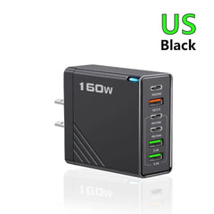 160W Multi Ports USB Charger Type C Fast Charging EU/US Plug Wall Charger For iPhone Samsung Xiaomi Huawei Phone Charger Adapter