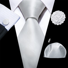 Barry.Wang Solid Silk Mens Tie Hankerchief Cufflinks Brooch Set Jacquard Plain Necktie Corsage For Male Wedding Party Events