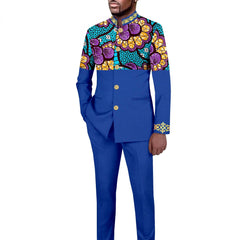 Tailored Men's Suit Solid Color Single Breasted Stand Collar Long Blazer African Style 2 Piece Jacket Trousers Mens Clothes Men