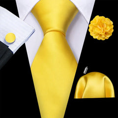 Barry.Wang Solid Silk Mens Tie Hankerchief Cufflinks Brooch Set Jacquard Plain Necktie Corsage For Male Wedding Party Events