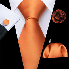 Barry.Wang Solid Silk Mens Tie Hankerchief Cufflinks Brooch Set Jacquard Plain Necktie Corsage For Male Wedding Party Events