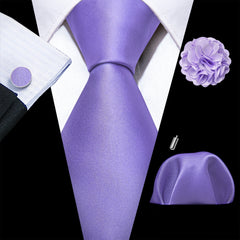 Barry.Wang Solid Silk Mens Tie Hankerchief Cufflinks Brooch Set Jacquard Plain Necktie Corsage For Male Wedding Party Events