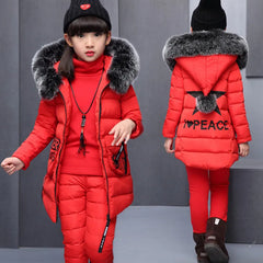 Girl Clothing Sets For Russia Winter Hooded Vest Jacket + Warm Top Cotton Pants 3 Pieces Clothes Coat With Fur Hood