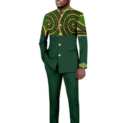 Tailored Men's Suit Solid Color Single Breasted Stand Collar Long Blazer African Style 2 Piece Jacket Trousers Mens Clothes Men