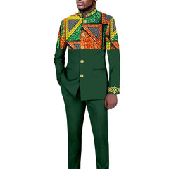 Tailored Men's Suit Solid Color Single Breasted Stand Collar Long Blazer African Style 2 Piece Jacket Trousers Mens Clothes Men