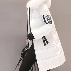 Women Winter Fur Collar Hooded Parka Fashion Letter Patch Zipper.