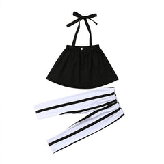 1-5Years Infant Girls Summer Clothes Set Off Shoulder Solid Color Crop Tops + Stripe Pants Leggings Set Girl 2pcs Casual Outfit