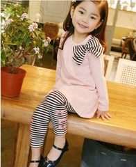 Retail and wholesle 2025 spring and autumn toddler girl clothing sets children clothes kids top with bow+striped leggings 2pcs