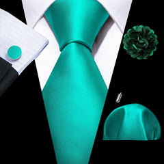 Barry.Wang Solid Silk Mens Tie Hankerchief Cufflinks Brooch Set Jacquard Plain Necktie Corsage For Male Wedding Party Events