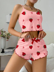 Women's Strawberry Print Ribbed Knit Ice Silk Camisole Pajama Set Comfortable Two-Piece Sleepwear for Summer