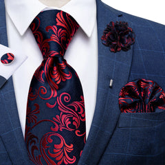Luxury Red Floral Blue Silk Ties For Men 8cm Wide Necktie Set Pocket Square Cufflinks Brooch Pin Wedding Accessories Men's Gift