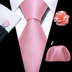 Barry.Wang Solid Silk Mens Tie Hankerchief Cufflinks Brooch Set Jacquard Plain Necktie Corsage For Male Wedding Party Events