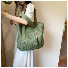 Fashion Large Capacity Fringe Pendant Handmade Straw Handbag Women Holiday Beach Casual Tote Top-Handle Bags Retro Shoulder Bags