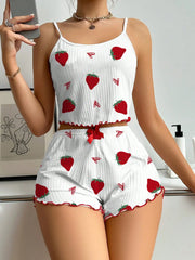 Women's Strawberry Print Ribbed Knit Ice Silk Camisole Pajama Set Comfortable Two-Piece Sleepwear for Summer
