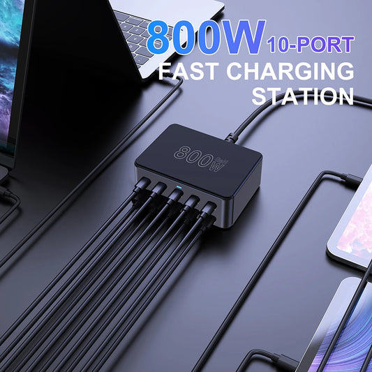 800W USB C GaN Charger 100W PD3.0 PPS QC3.0 Multiport Fast Charging Station for iPhone 15 16 Samsung Macbook Pro Laptops Tablets