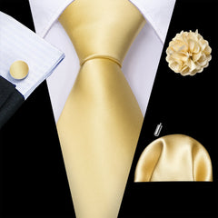 Barry.Wang Solid Silk Mens Tie Hankerchief Cufflinks Brooch Set Jacquard Plain Necktie Corsage For Male Wedding Party Events