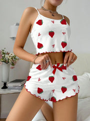 Women's Strawberry Print Ribbed Knit Ice Silk Camisole Pajama Set Comfortable Two-Piece Sleepwear for Summer