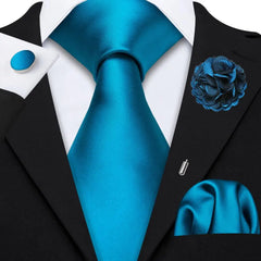 Barry.Wang Solid Silk Mens Tie Hankerchief Cufflinks Brooch Set Jacquard Plain Necktie Corsage For Male Wedding Party Events