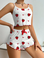 Women's Strawberry Print Ribbed Knit Ice Silk Camisole Pajama Set Comfortable Two-Piece Sleepwear for Summer