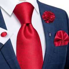 Luxury Red Floral Blue Silk Ties For Men 8cm Wide Necktie Set Pocket Square Cufflinks Brooch Pin Wedding Accessories Men's Gift