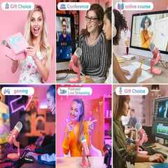 Haomuren USB Condenser Microphone Pink Studio Recording Mic for PC Mac Computer Phone Gaming Streaming Podcasting Laptop Desktop