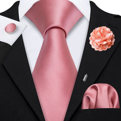 Barry.Wang Solid Silk Mens Tie Hankerchief Cufflinks Brooch Set Jacquard Plain Necktie Corsage For Male Wedding Party Events