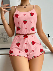 Women's Strawberry Print Ribbed Knit Ice Silk Camisole Pajama Set Comfortable Two-Piece Sleepwear for Summer