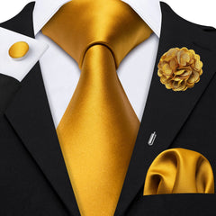 Barry.Wang Solid Silk Mens Tie Hankerchief Cufflinks Brooch Set Jacquard Plain Necktie Corsage For Male Wedding Party Events
