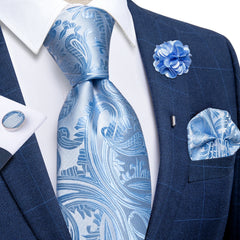Luxury Red Floral Blue Silk Ties For Men 8cm Wide Necktie Set Pocket Square Cufflinks Brooch Pin Wedding Accessories Men's Gift