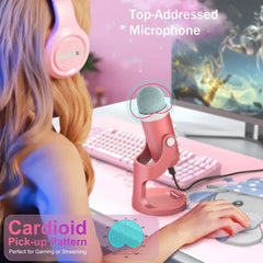 Haomuren USB Condenser Microphone Pink Studio Recording Mic for PC Mac Computer Phone Gaming Streaming Podcasting Laptop Desktop
