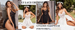 New Sexy Nightgown White Lace Babydoll Set Women's Romantic Sheer Floral Lingerie Flowy Skirt Chemise Mini Dress Hot Sale Nighty