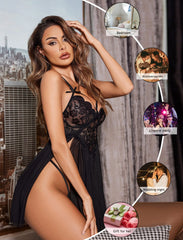 New Sexy Nightgown White Lace Babydoll Set Women's Romantic Sheer Floral Lingerie Flowy Skirt Chemise Mini Dress Hot Sale Nighty