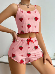 Women's Strawberry Print Ribbed Knit Ice Silk Camisole Pajama Set Comfortable Two-Piece Sleepwear for Summer