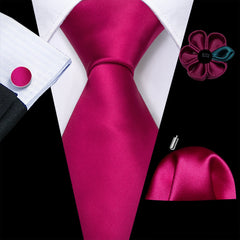 Barry.Wang Solid Silk Mens Tie Hankerchief Cufflinks Brooch Set Jacquard Plain Necktie Corsage For Male Wedding Party Events